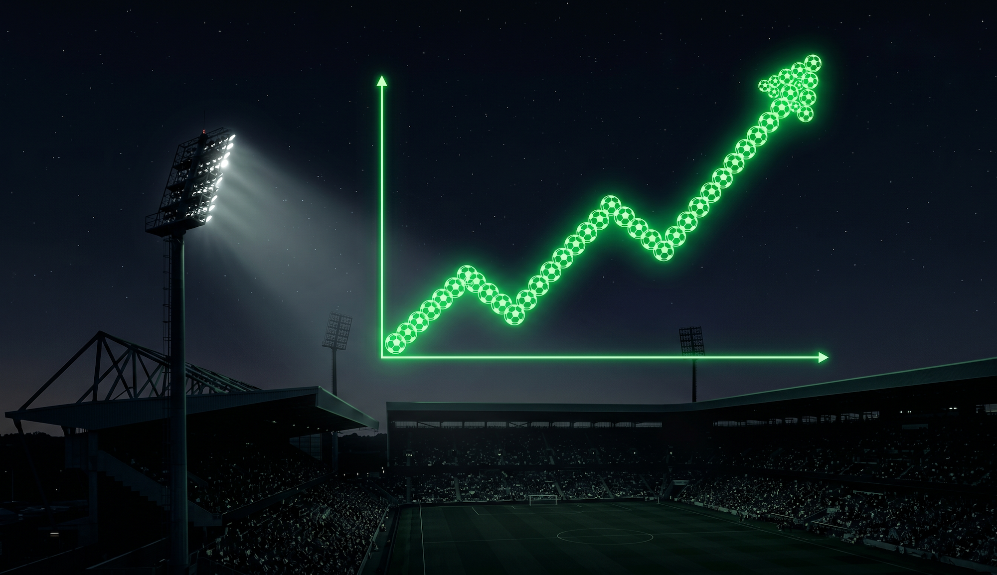 Dark stadium with floodlights on and positive chart overlapping it